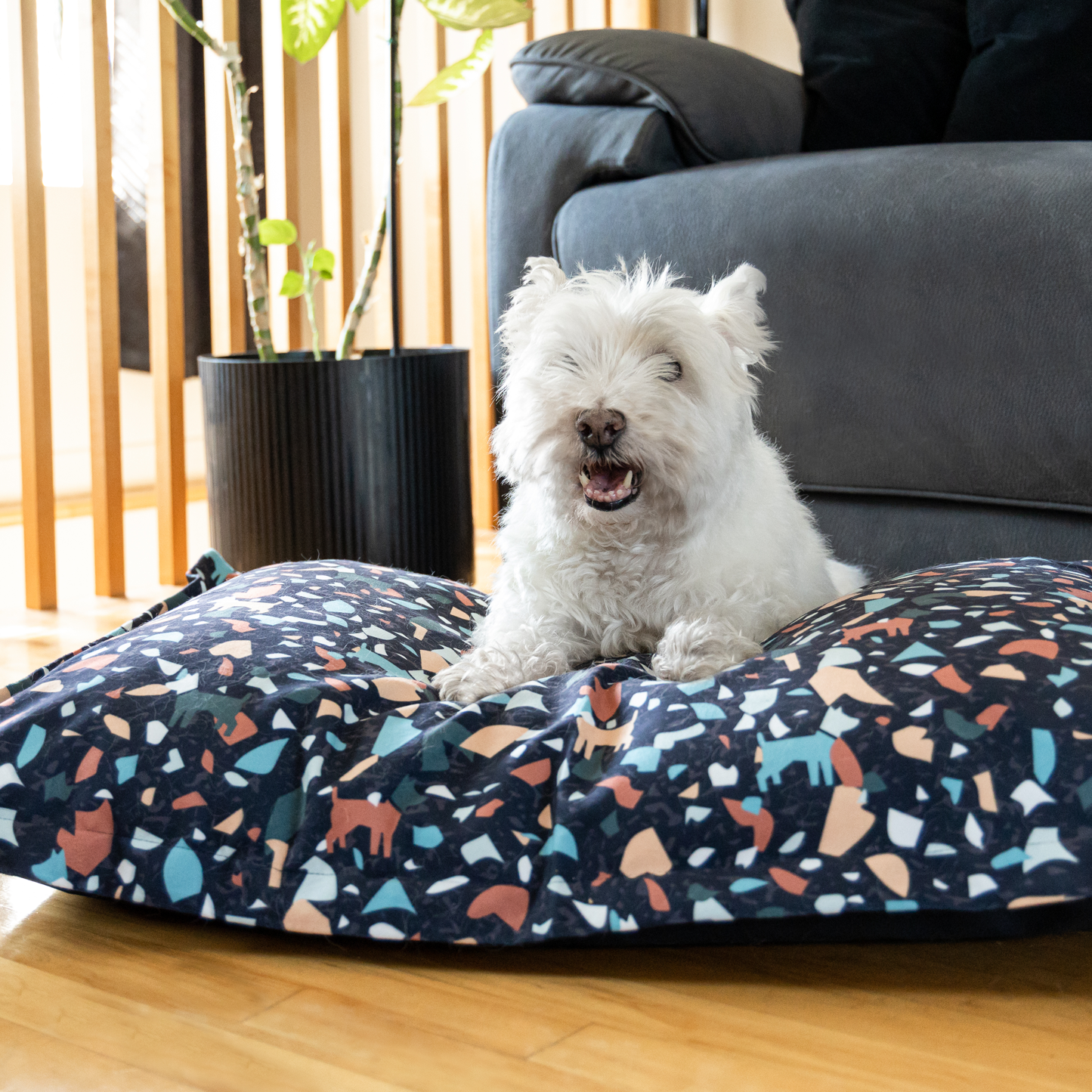 Memory foam dog bed, dark terrazzo style
